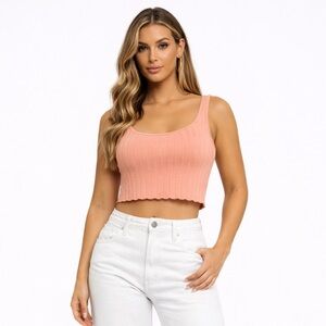 Aerie Offline Peach Ribbed Crop Top Scallop Trim Large New with tags
